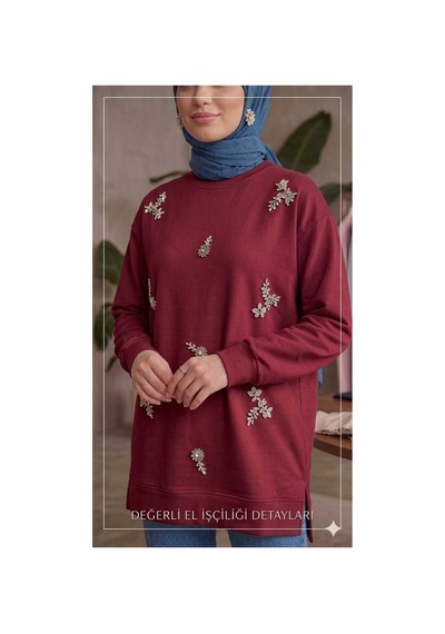Butik Kadın Boncuk Taş İşlemeli Sweatshirt Bordo Bordo