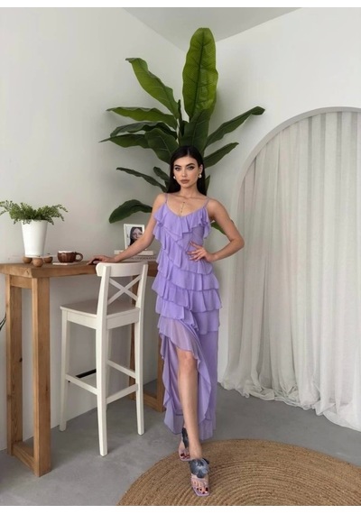 Defymoda Ples Yırtmaç Detaylı Elbise Lila