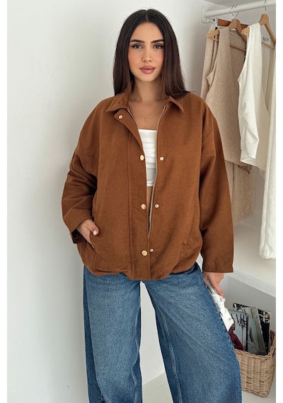 Kadın Fermuarlı Altın Düğmeli Mont Structured Style Taba