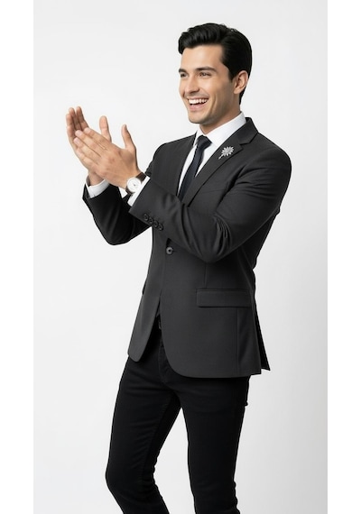 Plus Scorpion Erkek Blazer Ceket Twill Dokuma Likralı Notch Yaka 1 Düğmeli Çift Yırtmaçlı Slim Fit Siyah