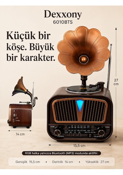 Dexxony Elite 6010bts Güneş Panelli Bluetooth Nostaljik Gramofon Radyo