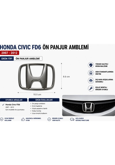 Honda Civic Fd6 Ön Panjur Amblemi Logo 2007-2012 Oem Yedek Parça