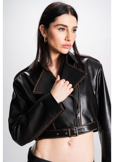 Dericlub Lenora Kadın Cropcut Biker Hakiki Deri Mont Siyah/taba