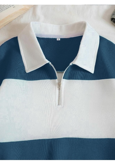 Altamira Unisex Çizgili Oversize Polo Yaka Yarım Fermuarlı Sweatshirt 001