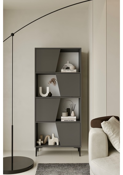 Roma Kitaplık 175 Cm - Vitrin - Gümüşlük 100% Mdf Metal Ayak Gri