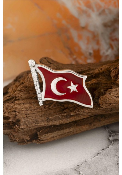 925 Ayar Gümüş Zirkon Taşlı Türk Bayrağı Bayan Rozet -8042 Gümüş