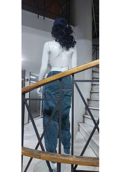 Eren Style Hint Otantik Yıkamalı Taşlanmış Kapaklı Uniseks Şalvar Pantolon Mavi