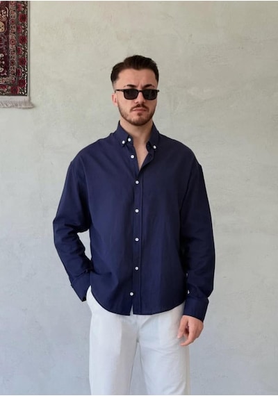 More Black Oversize Fresh Keten Gömlek Lacivert