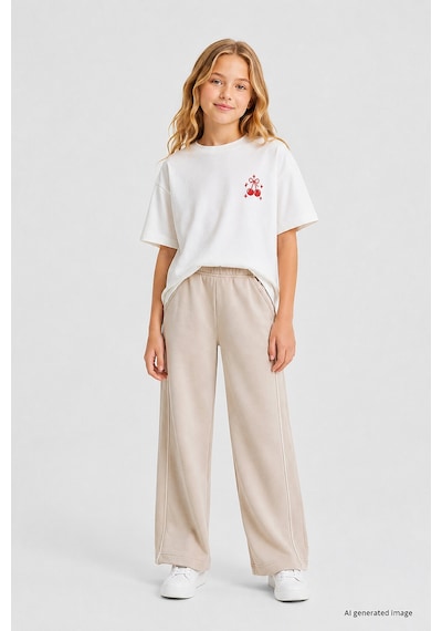 TOMMYLIFE Bej Biye Detaylı Basic Palazzo Kız Çocuk Eşofman Alt - 75195