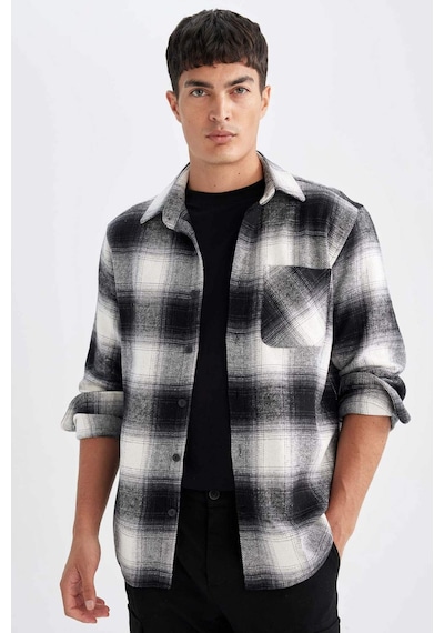 DeFacto Regular Fit Polo Yaka Kareli Oduncu Flanel Uzun Kollu Gömlek D3498AX24WNBK81
