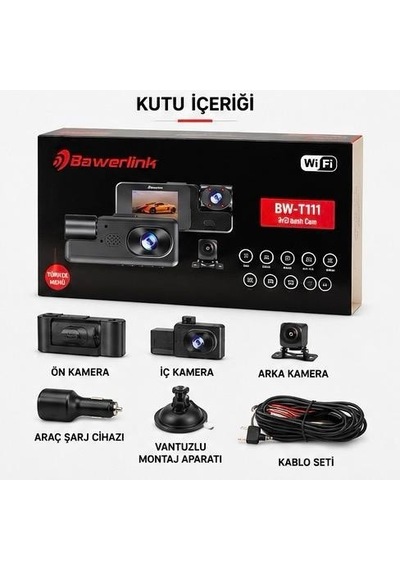 Bawerlink Bw-t111 3 Kanal Wifi Araç Kamerası 2.0" Ips Ekran Ön 1280x720p + İç + Arka Kamera Gece Görüşlü G-sensör