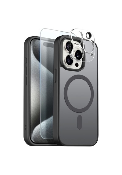 Teleplus Apple Uyumlu iPhone 15 Pro Max Kılıf Babet Translucent 3in1 Msafe Şarj Özellikli Kapak + Ekran Koruyucu Siyah