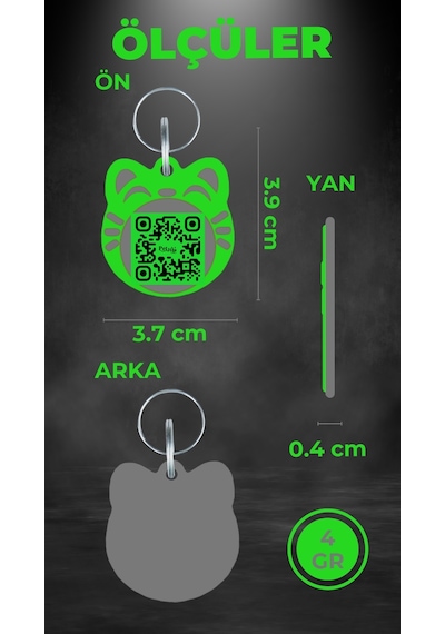 Petjoo 4.Maneki Neko Gri-Yeşil Qr'lı Kedi Künyesi