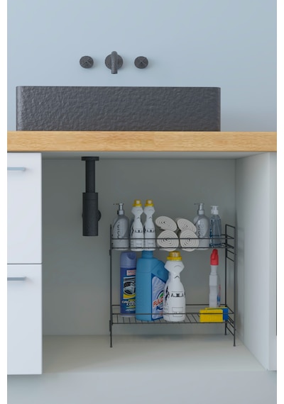 2 Katlı Evye Tezgah Altı Raf Banyo Mutfak Dolabı Çok Amaçlı Düzenleyici Deterjanlık Organizer 20x40 Siyah