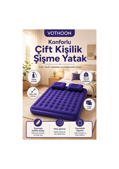 Çift Kişilik Şişme Yatak Dahili Pompalı 203x152x22 Cm 2 Yastıklı Evimdeyokyok Çok Renkli