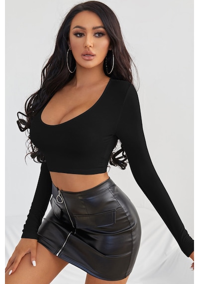 Angbutik Kadın Siyah Uzun Kol Kare Yaka Crop Top Bluz