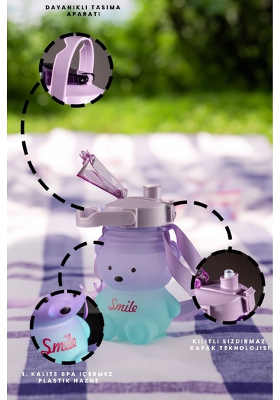 Ayıcıklı Motivasyonel Su Matarası Çocuk Su Matara Suluk 1400 Ml Sticker Etiketli Pipetli Bpa İçermez Diğer