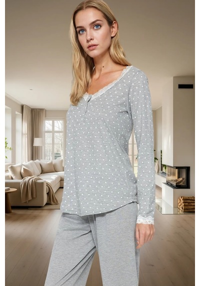 Ersefa Rahat Pijama Takımı Pamuklu Örme Puantiyeli Desen Dantel Detay Gü Gri