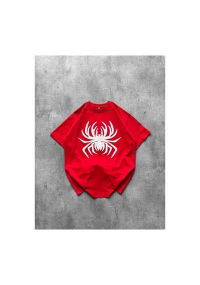Butik İstanbul Örümcek Baskılı Tişört Kısa Kollu Bisiklet Yaka T-shirt - Kırmızı