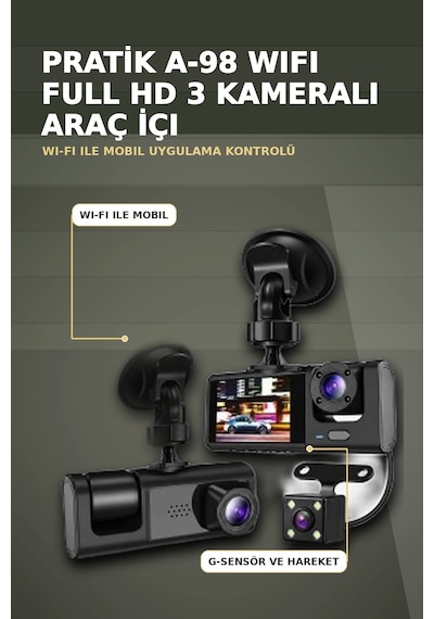 1080p Full Hd 3 Kameralı Wi-fi Araç İçi Kayıt Cihazı Ve Park Modlu Güvenlik Kamerası Seti