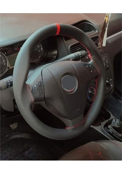 Fiat Linea Uyumlu Dikmeli Direksiyon Kılıfı Soft Siyah Deri Kırmızı Yüzüklü A+plus 38 10.5cm