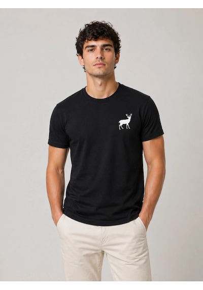 Barlashive Erkek Minimal Geyik Logolu Tişört Bisiklet Yaka Kısa Kol Yazlık T-shirt - Siyah Çok Renkli