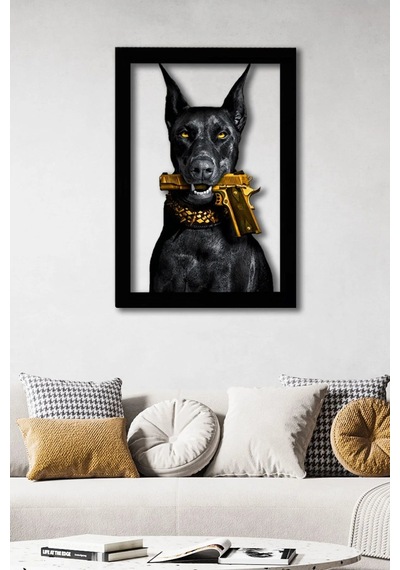 Golden Guard Doberman Metal Tablo Altın Detaylı Karizmatik Duva Çok Renkli