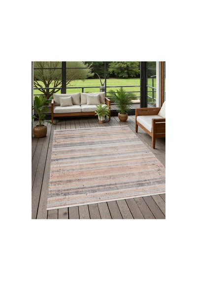Outdoor & Indoor Kilim Bej Gri Çizgili Minimal Tasarım Kaymaz Taban Bej Bej