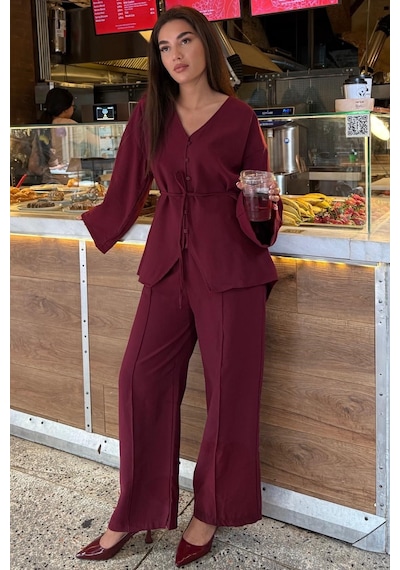 Madmext Bordo V Yaka Düğmeli Kuşaklı İkili Modal Kadın Takım Mg2619
