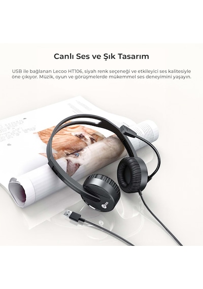 Lecoo HT106 USB Kablolu Mikrofonlu Kulak Üstü Kulaklık Siyah