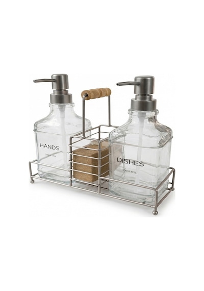 Makri Home Lüks Cam Ikili Sıvı Sabunluk & Deterjanlık Seti-500 Ml Cam Sabunluk, Bambu Kulplu Metal Stantlı Siyah