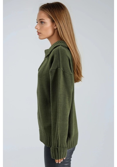 Hiccup My Fashıon Fermuarlı Yaka Oversize Triko Kazak Haki Yeşil 01