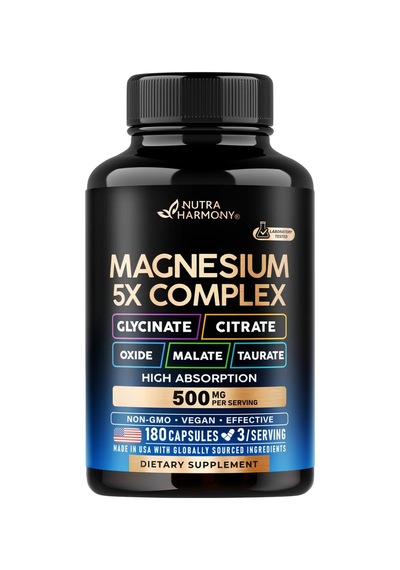 Magnesium 5-in-1 Complex Glycinate, Citrate, Oxide, Malate & Taurate 500 Mg 180 Capsules