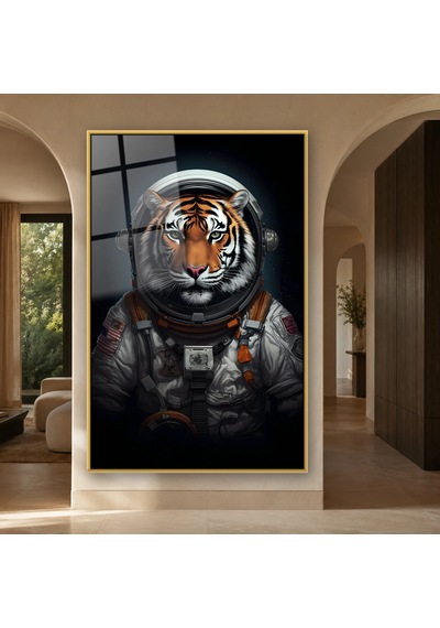 Astronot Kıyafetli Kaplan Portresi Gold Çerçeveli Cam Tablo