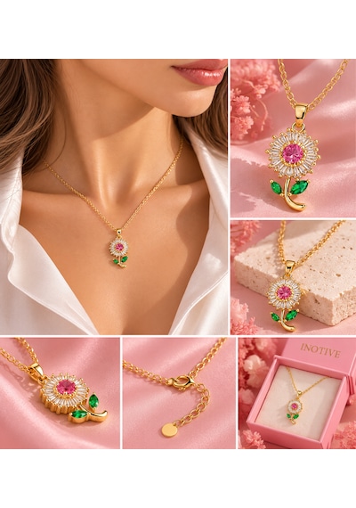 Taşlı Papatya Kolye Kırmızı Ve Pembe Renk Seçenekleri Altın-pembe