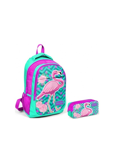 Coral High Pembe Flamingo Kız Çocuk İlkokul Çantası ve Kalemlik S