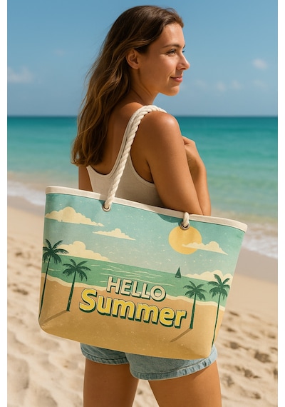 Prendi Home Hello Summer Büyük Boy Piknik Ve Plaj Çantası Halat Saplı 55x36x15 Cm Çok Renkli