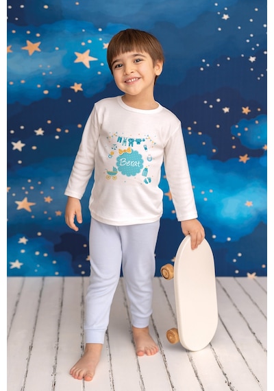 Pia Baby İsimli Erkek Çocuk Pijama Takımı %100 Pamuk Penye İsme Özel Baskılı Kişiselleştirilebilir Pijama Seti 20302m14pi Krem