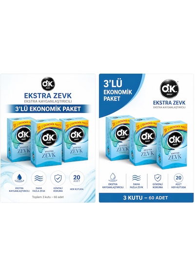 Okey Ekstra Zevk 20 Extra Kayganlaştırıcılı Prezervatif 20 Li 3 Kutu 60 Adet
