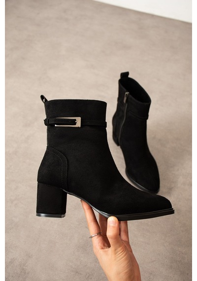 Dabab Shoes Lunara Kadın Siyah Süet Tokalı Topuklu Kısa Konç Bot Bootie