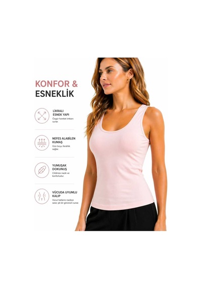 Duygu Altıntaş Kadın Pudra Pembe Düz Penye Pamuk Atlet Esnek, Yumuşak Basic Günlük Üst Pudra Pembe - 859950871 Pudra Pembe - 859950871 Pudra Pembe