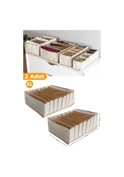 2 Adet - 8 Gözlü Çekmece İçi Bej Çizgili Düzenleyici Organizer - Xlarge 30 X 39 X 14 Cm Kumaş Bej Tr Diğer
