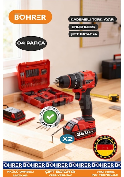 Böhrer Ba011189 Çift Batarya Yeni Model 36v 3ah Pro Seri Darbeli Torklu Vidalama Şarjlı Matkap
