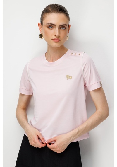 On Kadın Omzu Düğmeli İşleme Detaylı Bluz 71536 Pembe