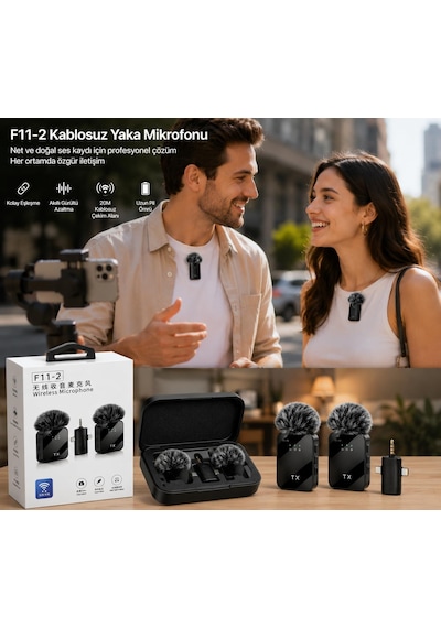 Lexroo Denshi F11-2 Kablosuz Yaka Mikrofonu 2'li Set, 3'ü 1 Arada Alıcı
