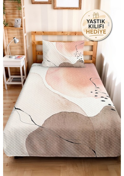 Pudra Bej Soyut Genç Odası Tek Kişilik Pike Takımı - Vizon Çizgili 160x220 Cm Kapitone Yatak Örtüsü Naif Meltem Solgunluğu
