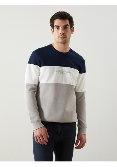 Lcwaıkıkı Classic Bej Bisiklet Yaka Uzun Kollu Renk Bloklu Erkek Sweatshirt