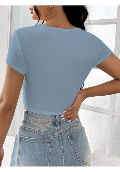 Rooted-kadın Kare & Havuz Yaka Crop T-shirt ,likralı Fitilli Kaşkorse Kumaş Mavi