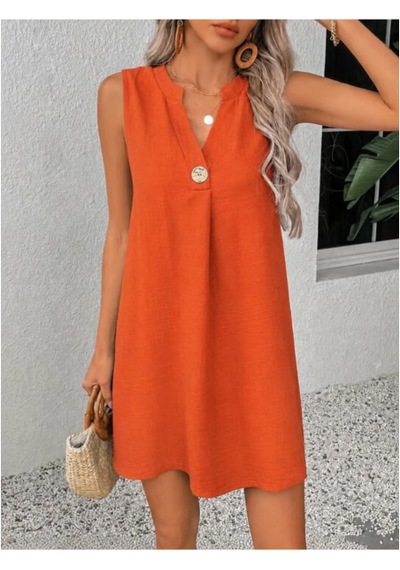 Trenol Fashion Life Kadın Kolsuz V Hakim Yakalı Düğmeli Kısa Elbise Turuncu