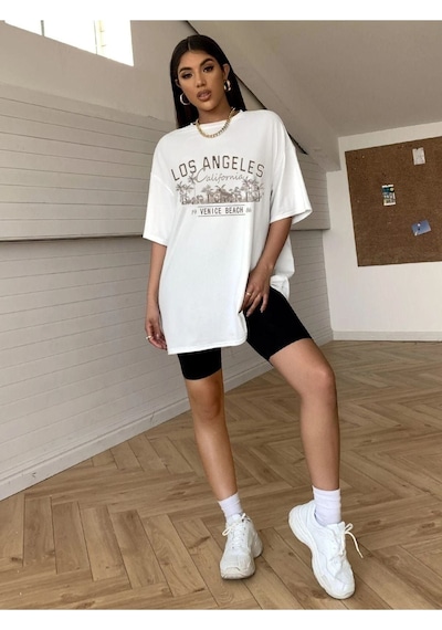 Unisex Beyaz Los Angeles Baskılı Oversize T-shirt 001